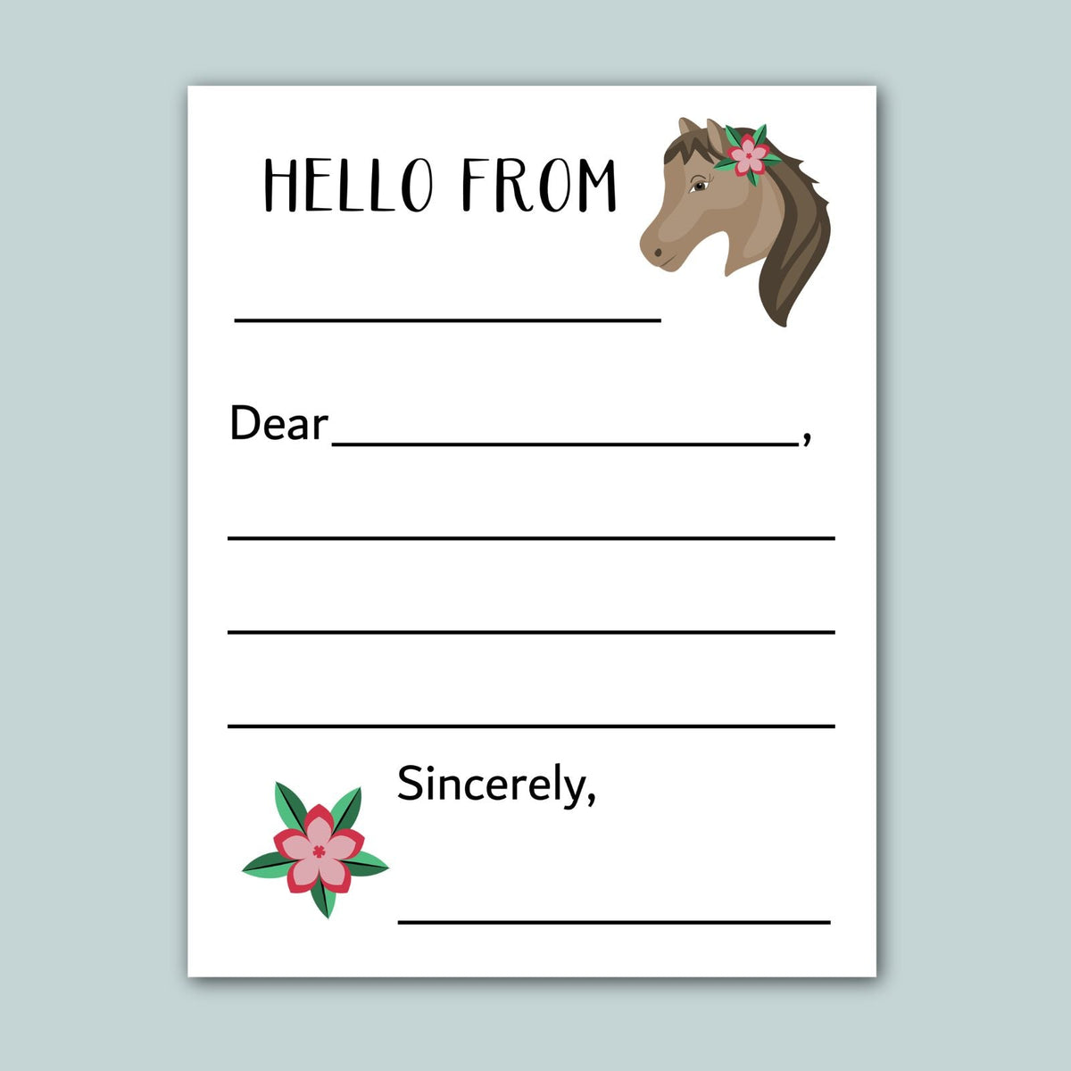 The image is a blank greeting card with a horse illustration and a pink flower. The card has a blank space for a message and a blank space for a signature.