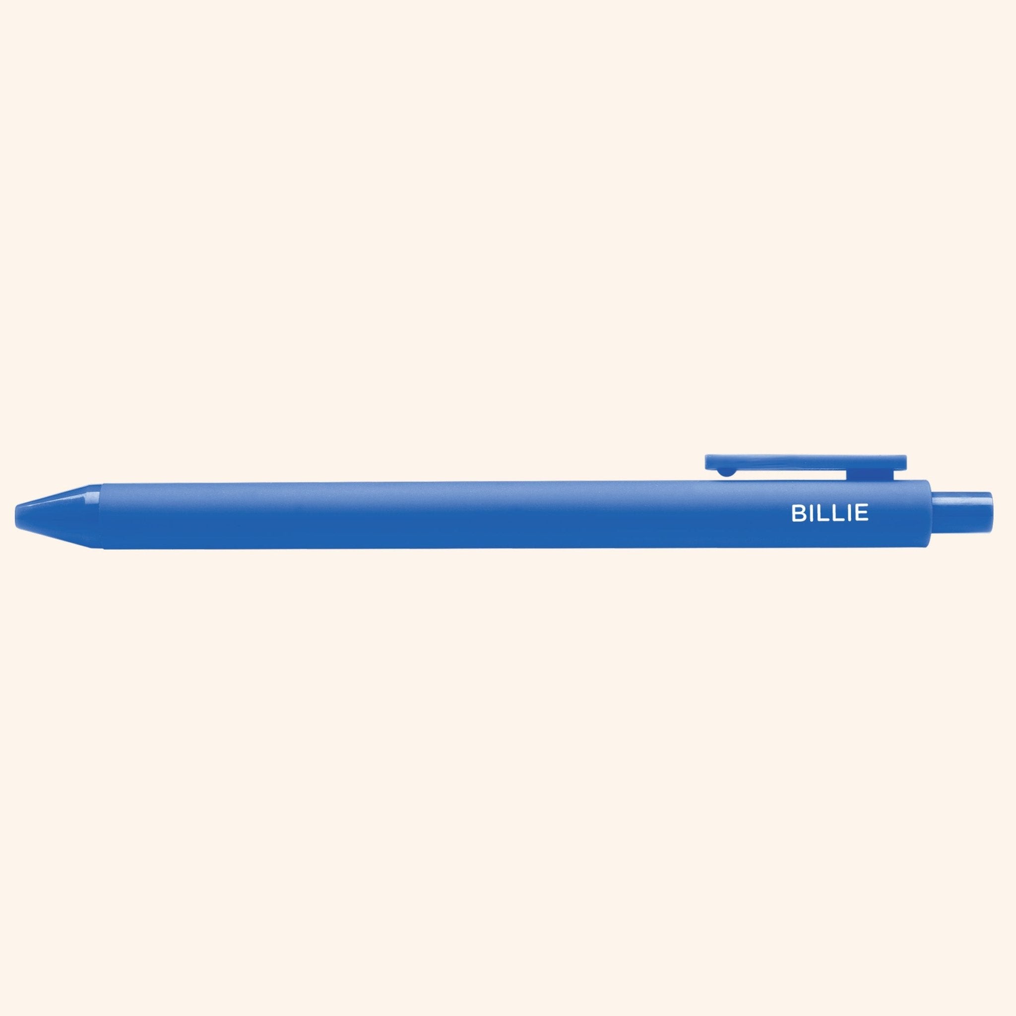 Blue pen with "Billie" text on a white background
