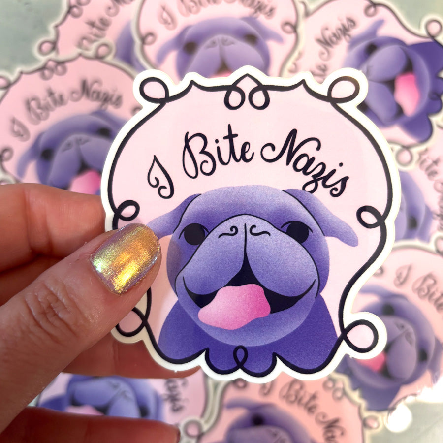 Sticker with a purple dog and &