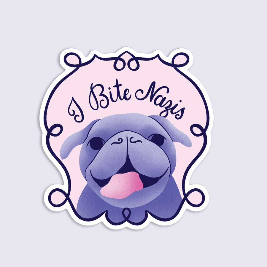 Sticker with a cartoon pug dog and text &
