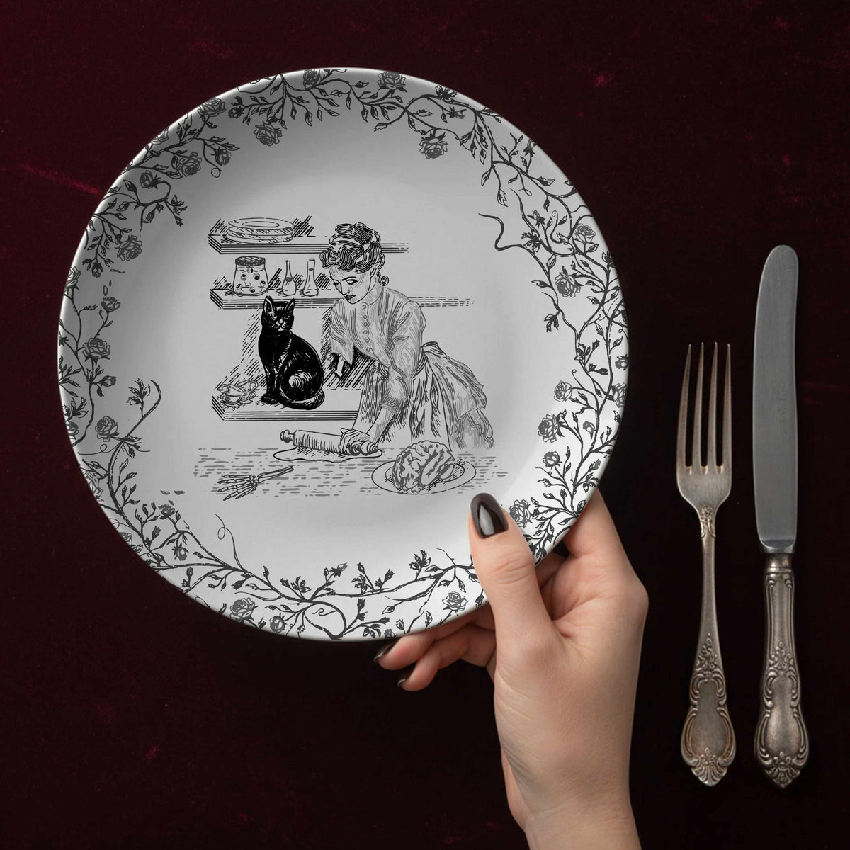 Domestic Zombie Baking Brain Pie Plate, Black and White