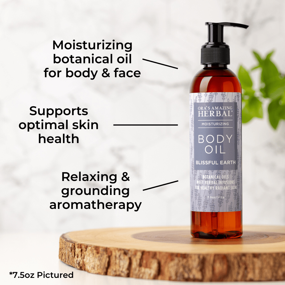 Blissful Earth Body Oil 7.5oz Lifestye Indoor Benefits Infographic