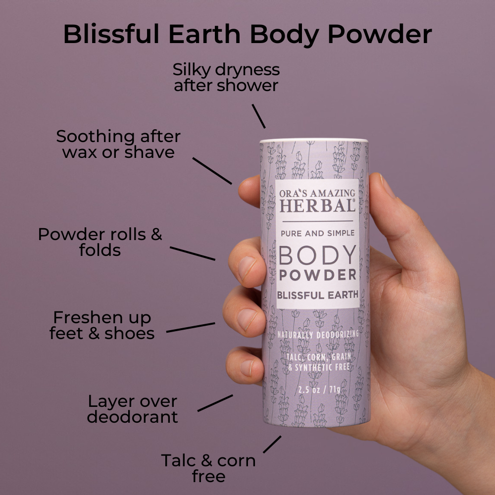 Hand holding of Blissful Earth Body Powder with benefits infographic highlighting its uses on a purple background.