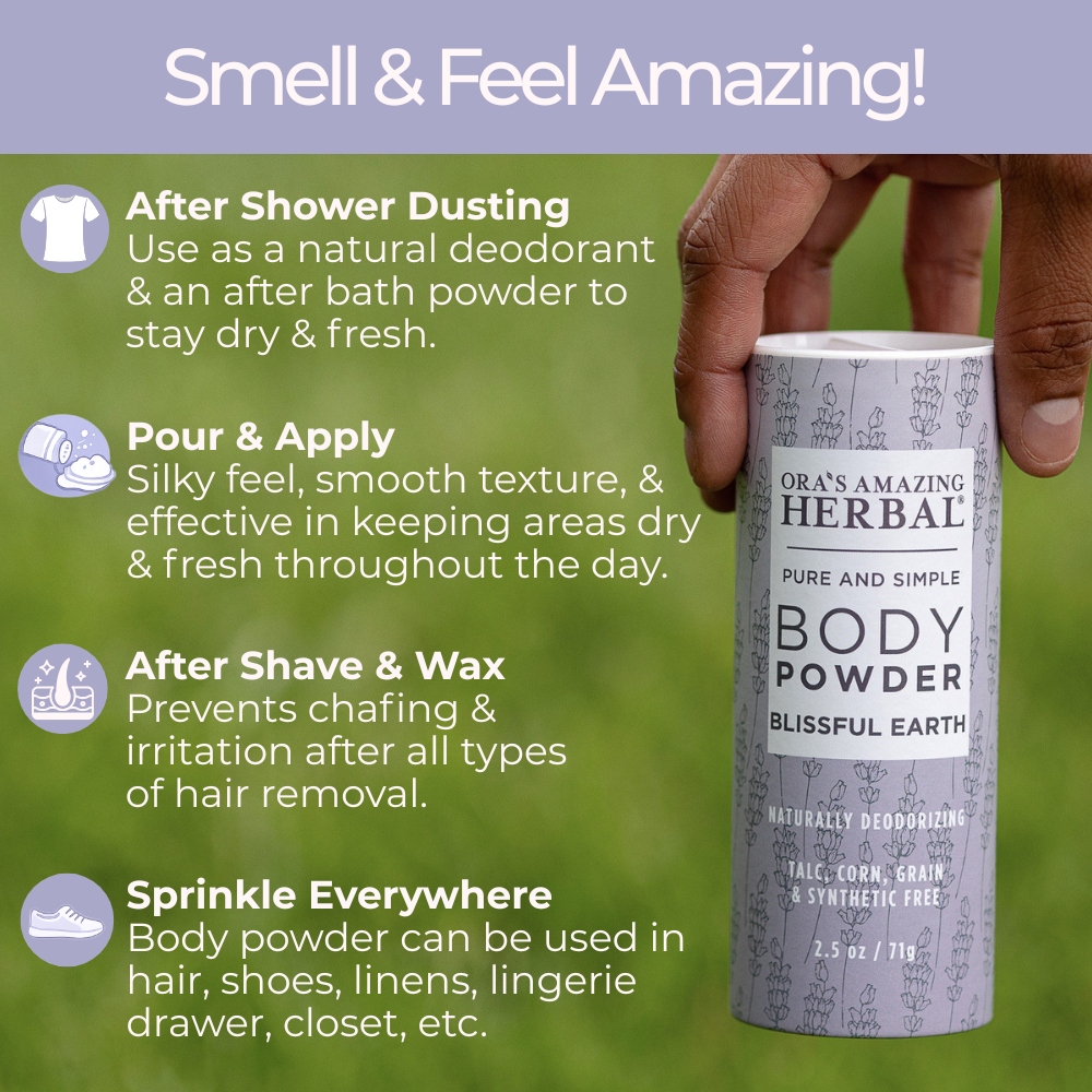 Blissful earth body powder held in hand with how to use infographic and icons in an outdoor background.