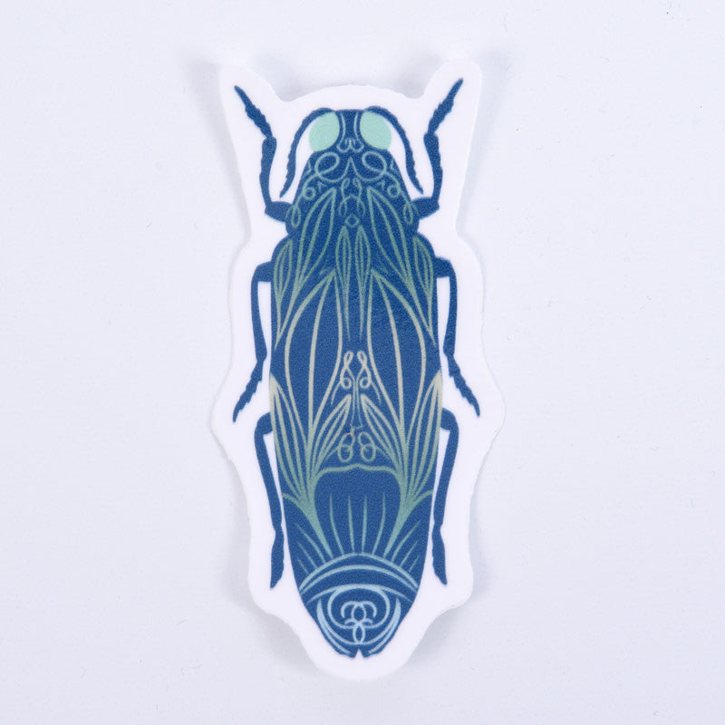 A sticker of a blue beetle with ornate floral designs
