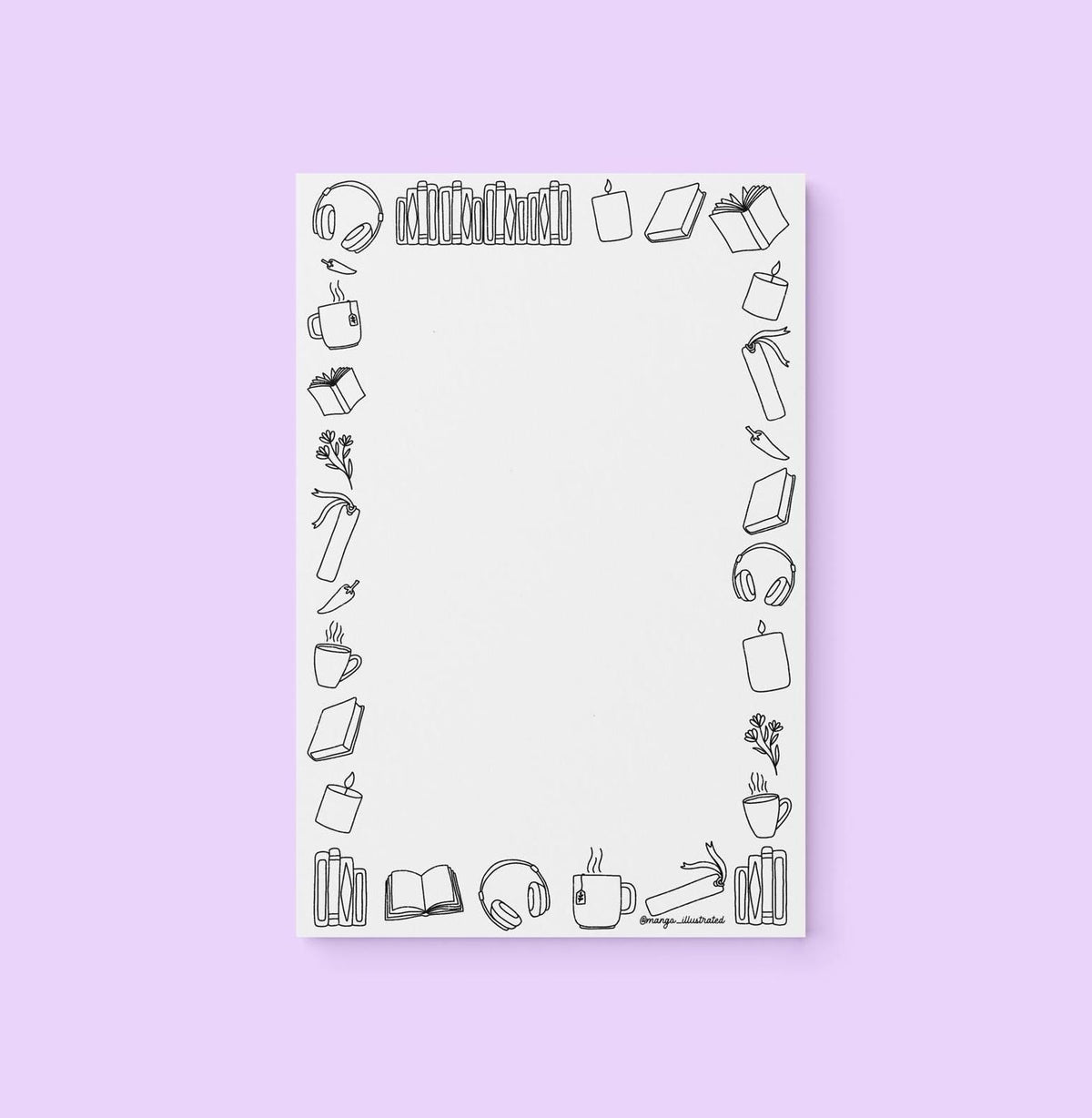 Book doodles color-in notepad — hand drawn book doodle border you color in yourself, 8.5 x 5.5 inches, by MangoIllustrated