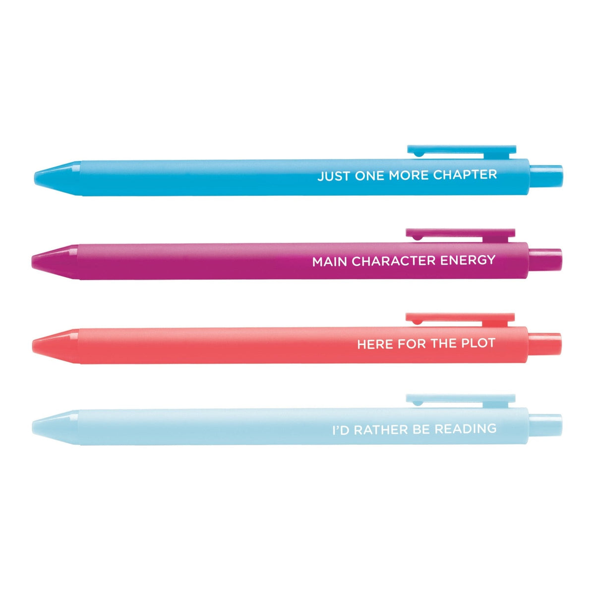 Book Lover pen set — 4 jotter gel pens with bookish phrases including Just One More Chapter, 0.5mm fine point, by MangoIllustrated