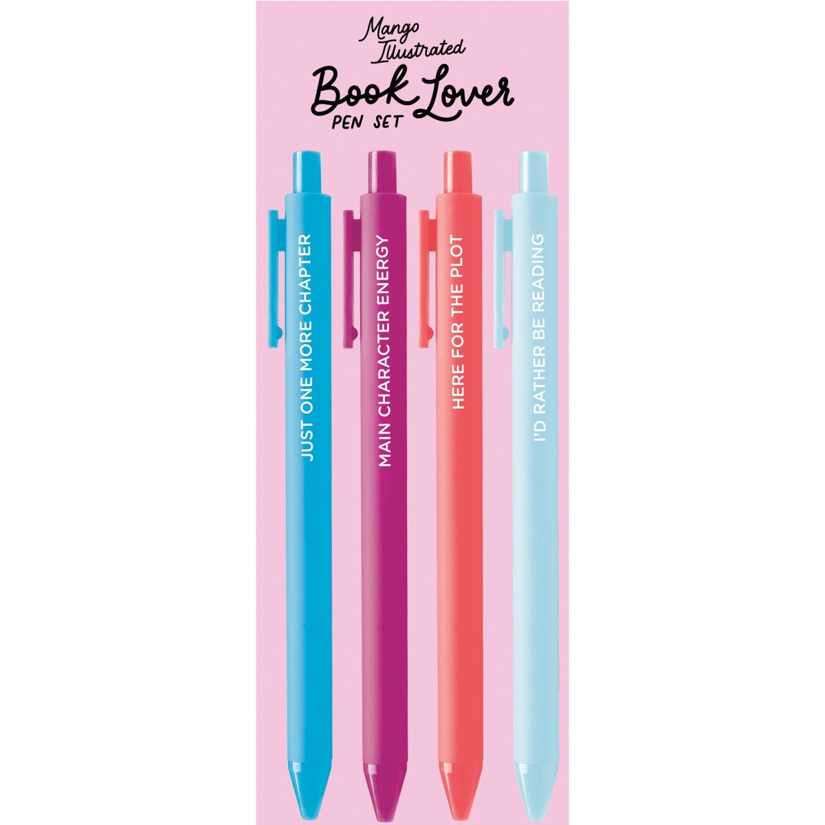 Book Lover pen set in its cello sleeve with card backing — bookish stationery gift by indie artist MangoIllustrated