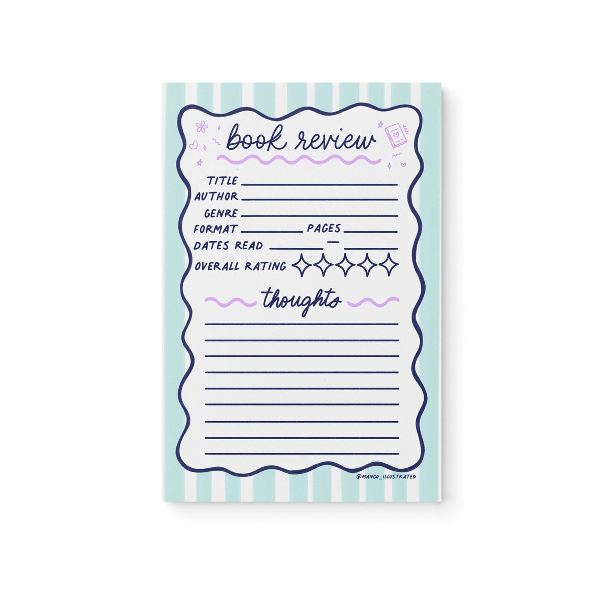 Book Review Notepad — pastel scalloped book rating tracker with star prompts, 8.5 x 5.5 inches, by MangoIllustrated