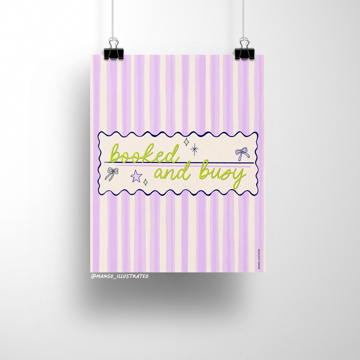 Booked and Busy art print flat lay — coquette pastel wall art for a desk or dorm room by indie artist MangoIllustrated