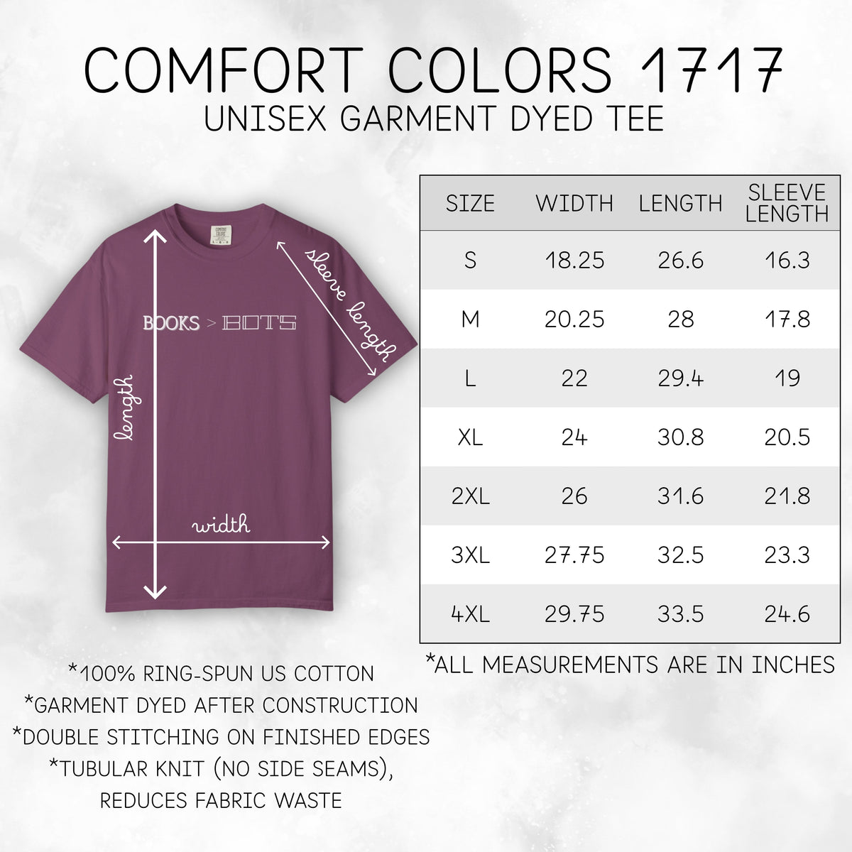 books-over-bots-unisex-graphic-tee-literary-pro-library-anti-ai-data-centers-statement-tshirt-comfort-colors-size-chart