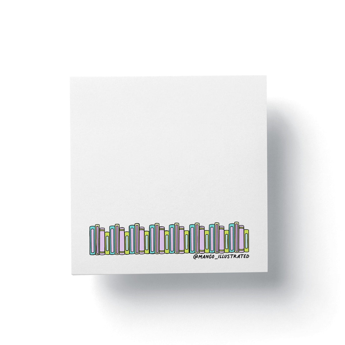 Bookshelf Sticky Notes flat lay — bookish sticky note pad for TBR tracking and reading notes by indie artist MangoIllustrated