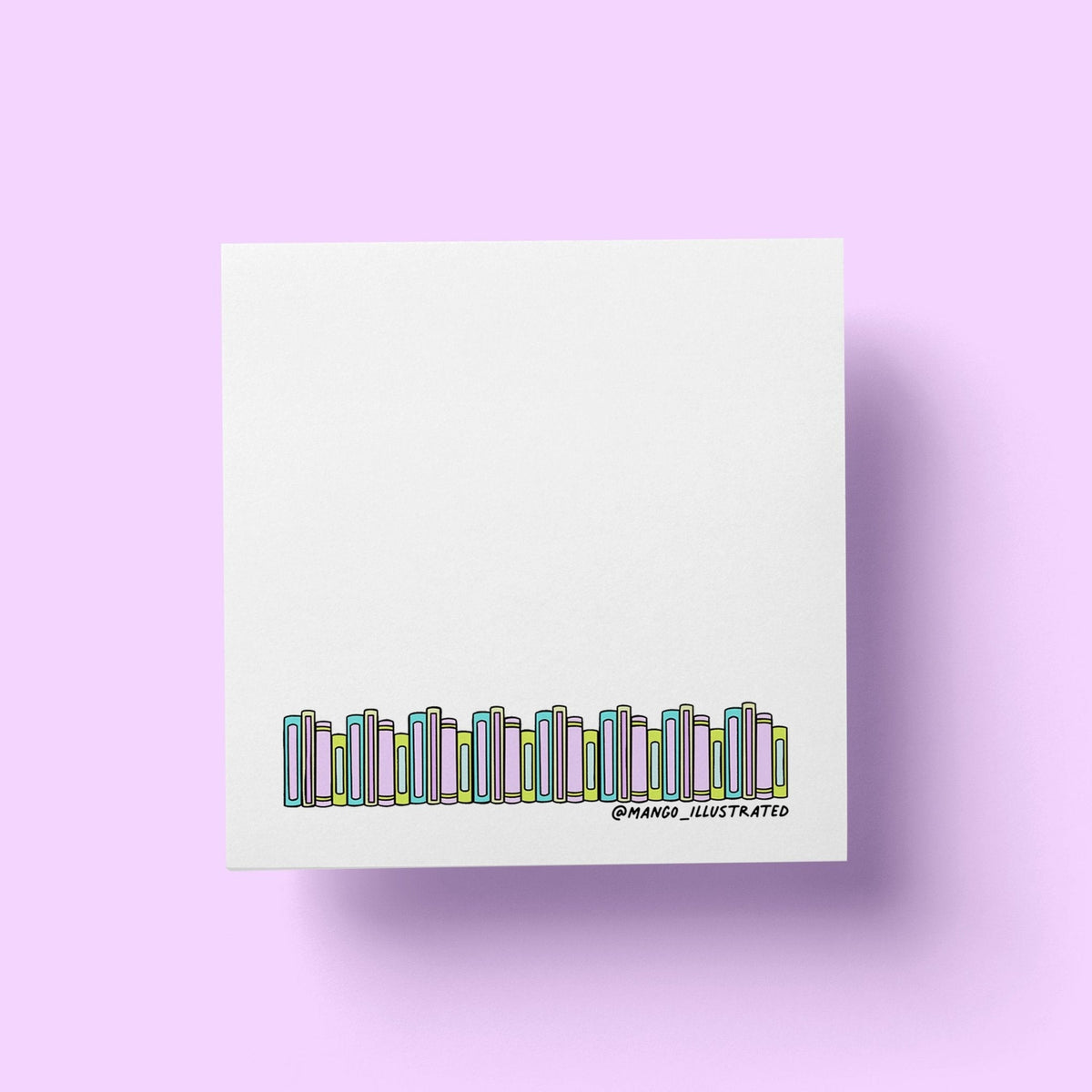 Bookshelf Sticky Notes — illustrated pastel bookshelf along the bottom edge of a sticky pad, 3 x 3 in, by MangoIllustrated