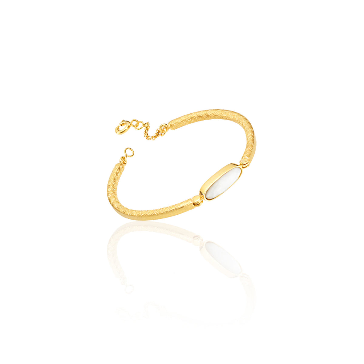 Ethically handmade online jewelry: gold crosshatched bangle with bezel set mother of pearl and clasp, luxury bracelet jewelry in chicago