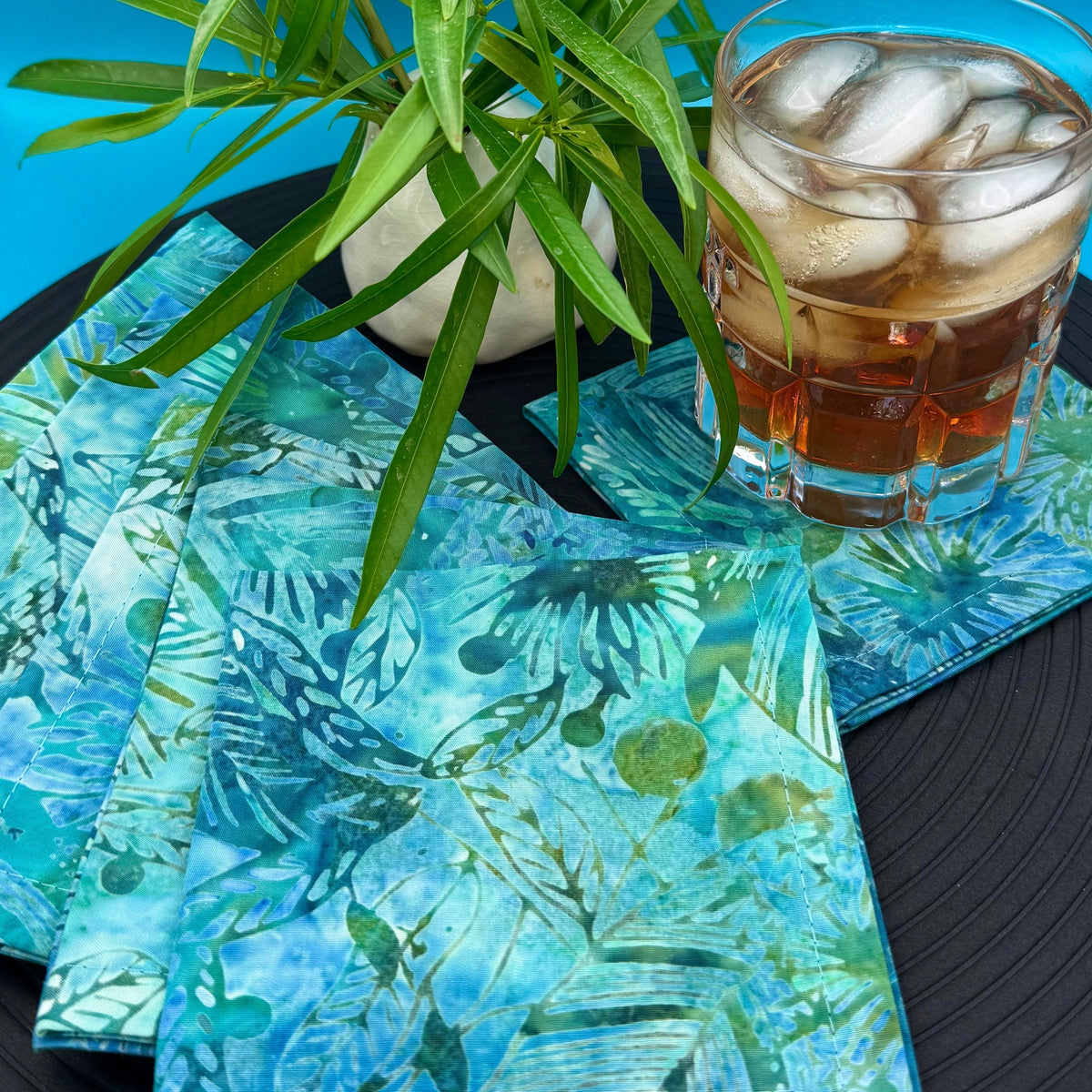 Cocktail Napkins - 100% Cotton - Set of 6 - Batik Blue/Green Leaves