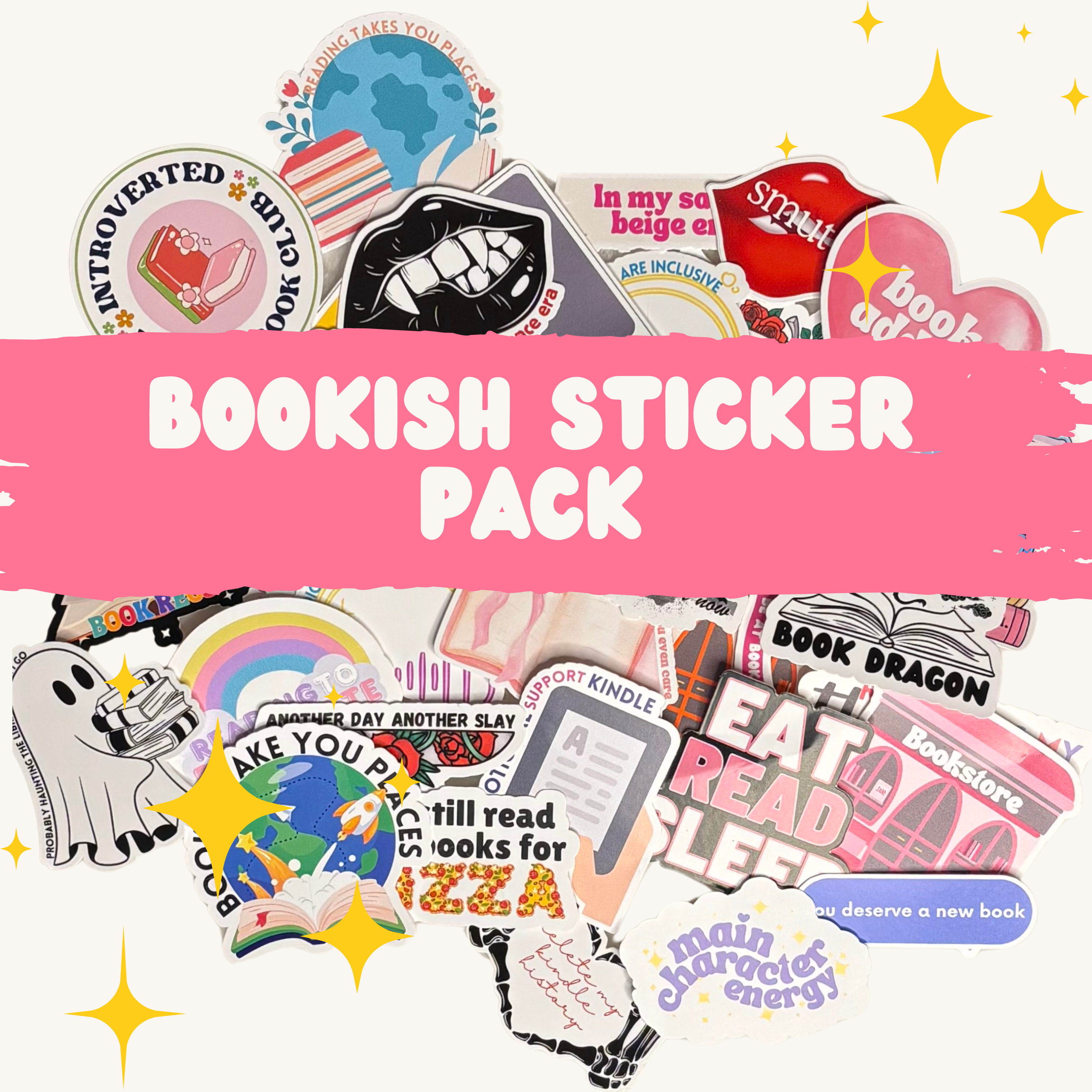 Collection of book-themed stickers with a pink banner labeled &