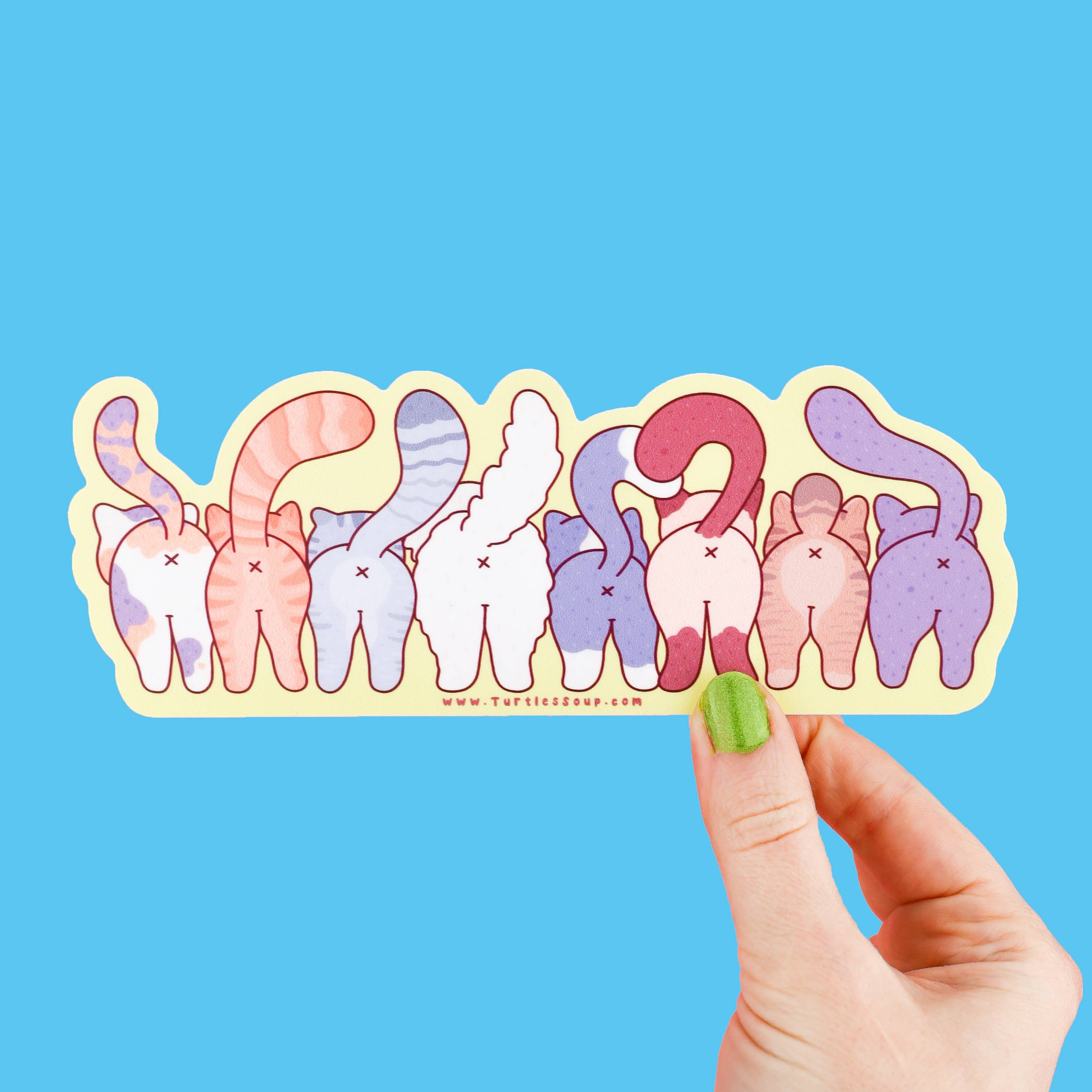 Hand holding a colorful sticker with cartoon-style cat butts against a blue background