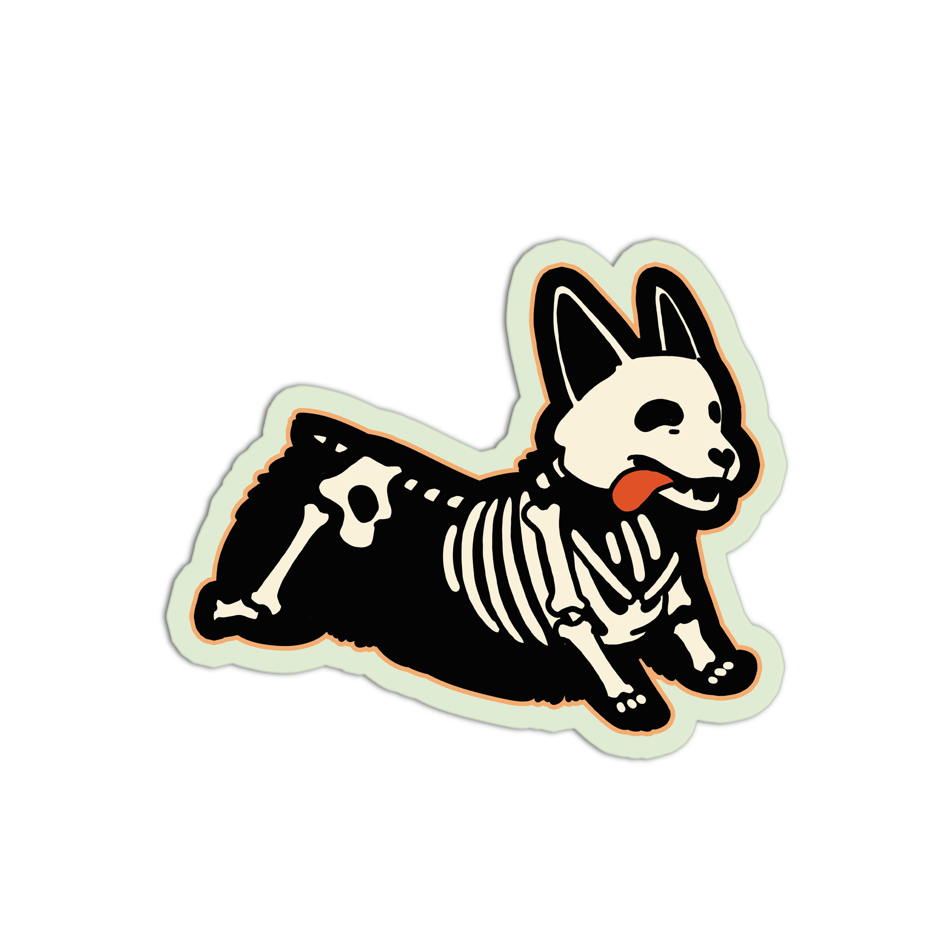 Sticker of a dog with a skeleton design on a white background