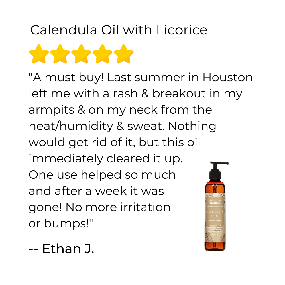 Product review for Calendula Oil with Licorice showing a five-star rating and customer testimonial.
