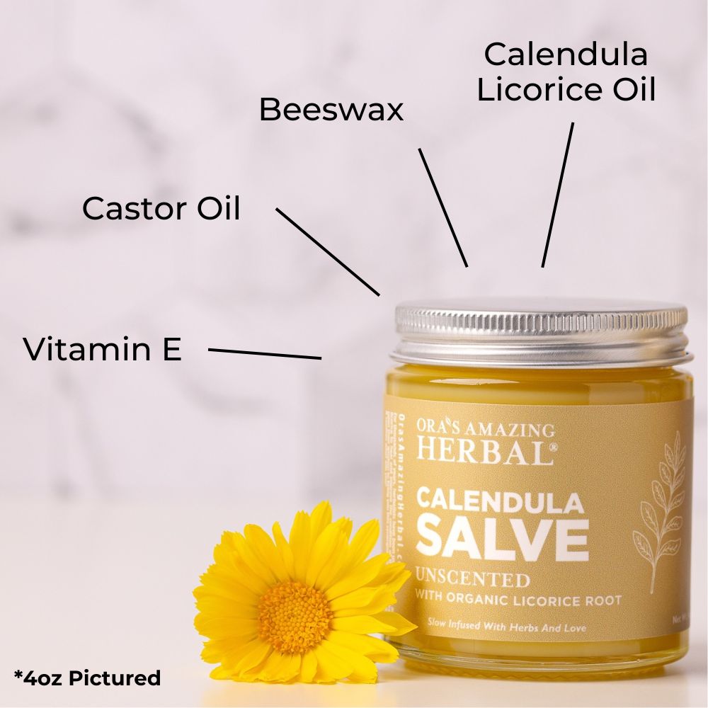 Calendula Salve 4oz Lifestyle Indoor Calendula Flower Ingredients Infographic