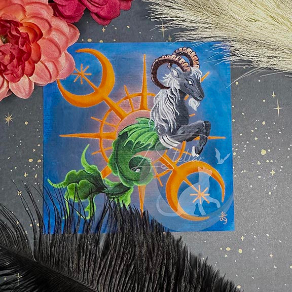 Capricorn Seagoat Print with celestial accents, zodiac series