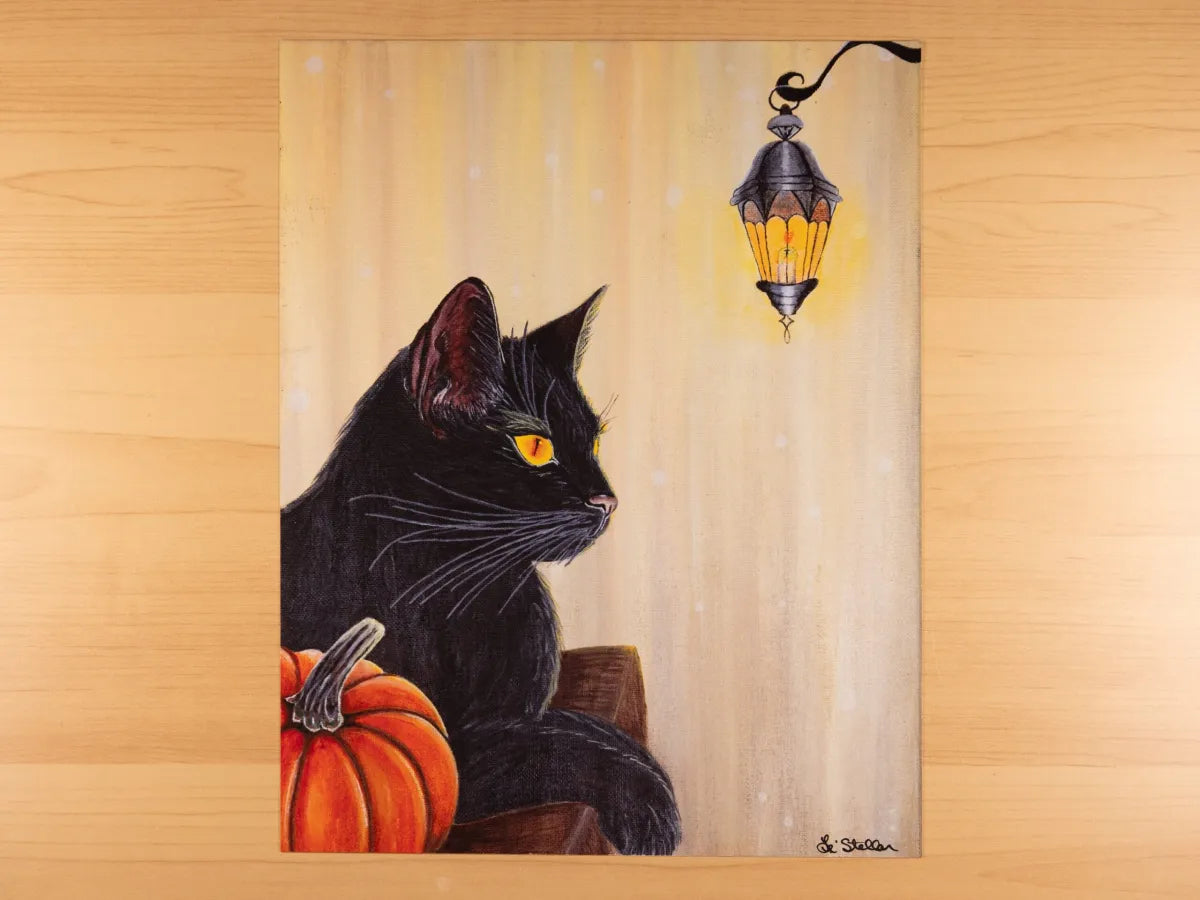 Black Cat Art Print, Pumpkin Painting, Spooky Fall Wall Decor, Original Hand-Painted Art
