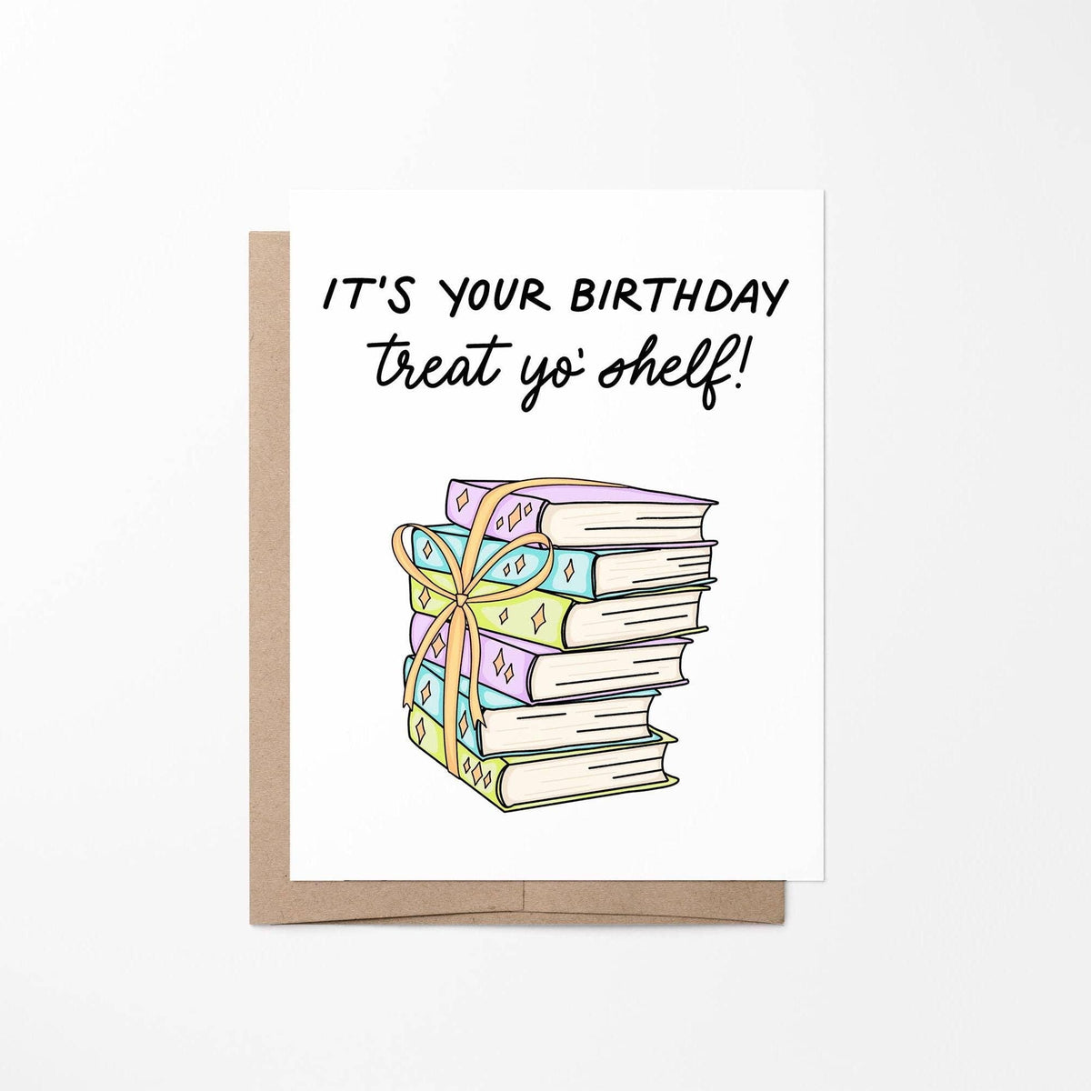 Greeting card with books and birthday message on a white background