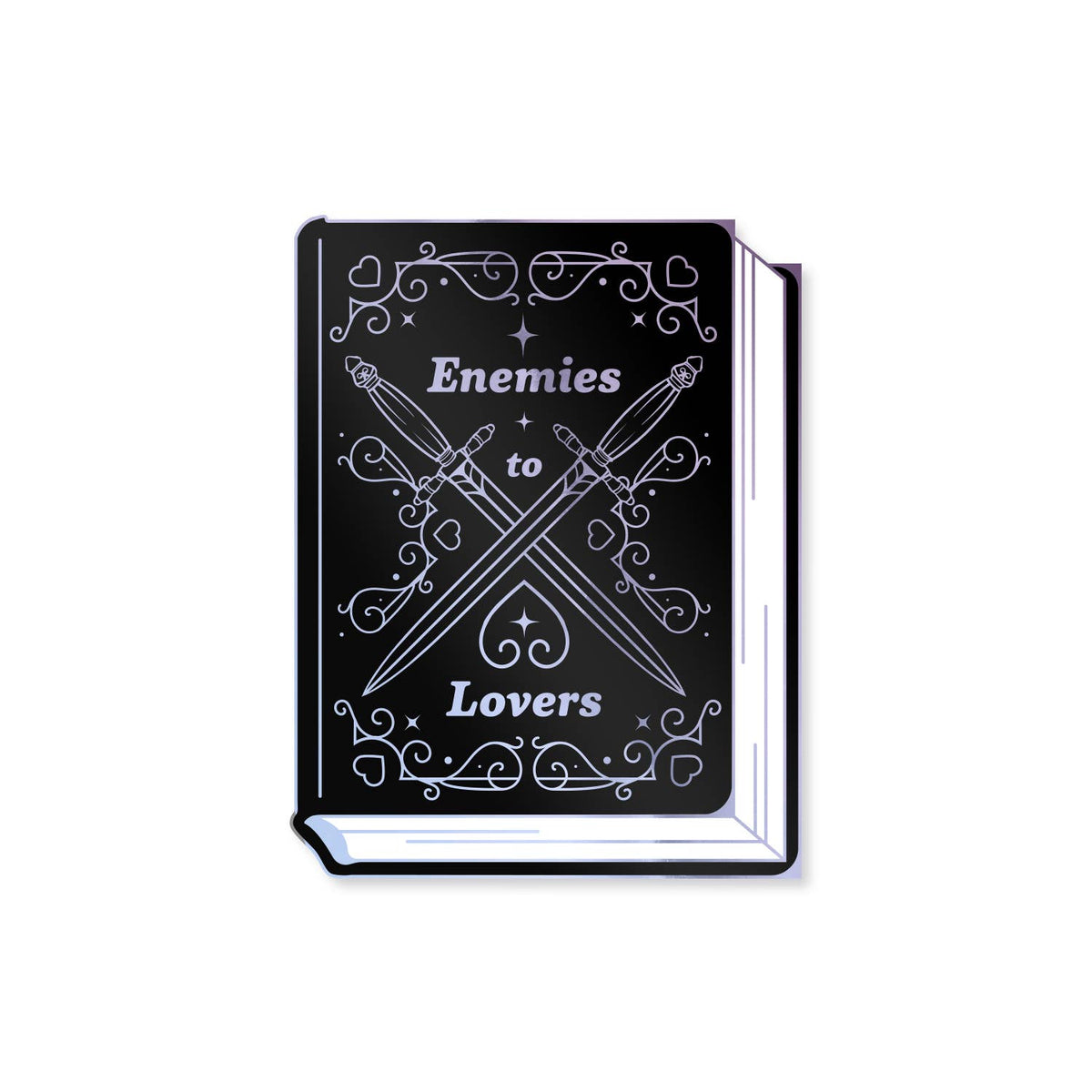 A black hardcover book or notebook with white gothic-style text reading &