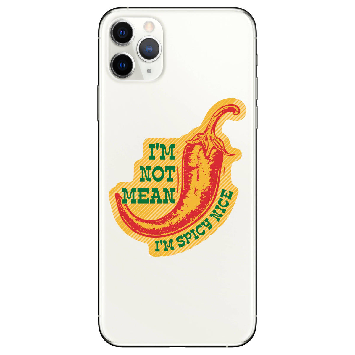 Phone case with a chili pepper design and text on a white background