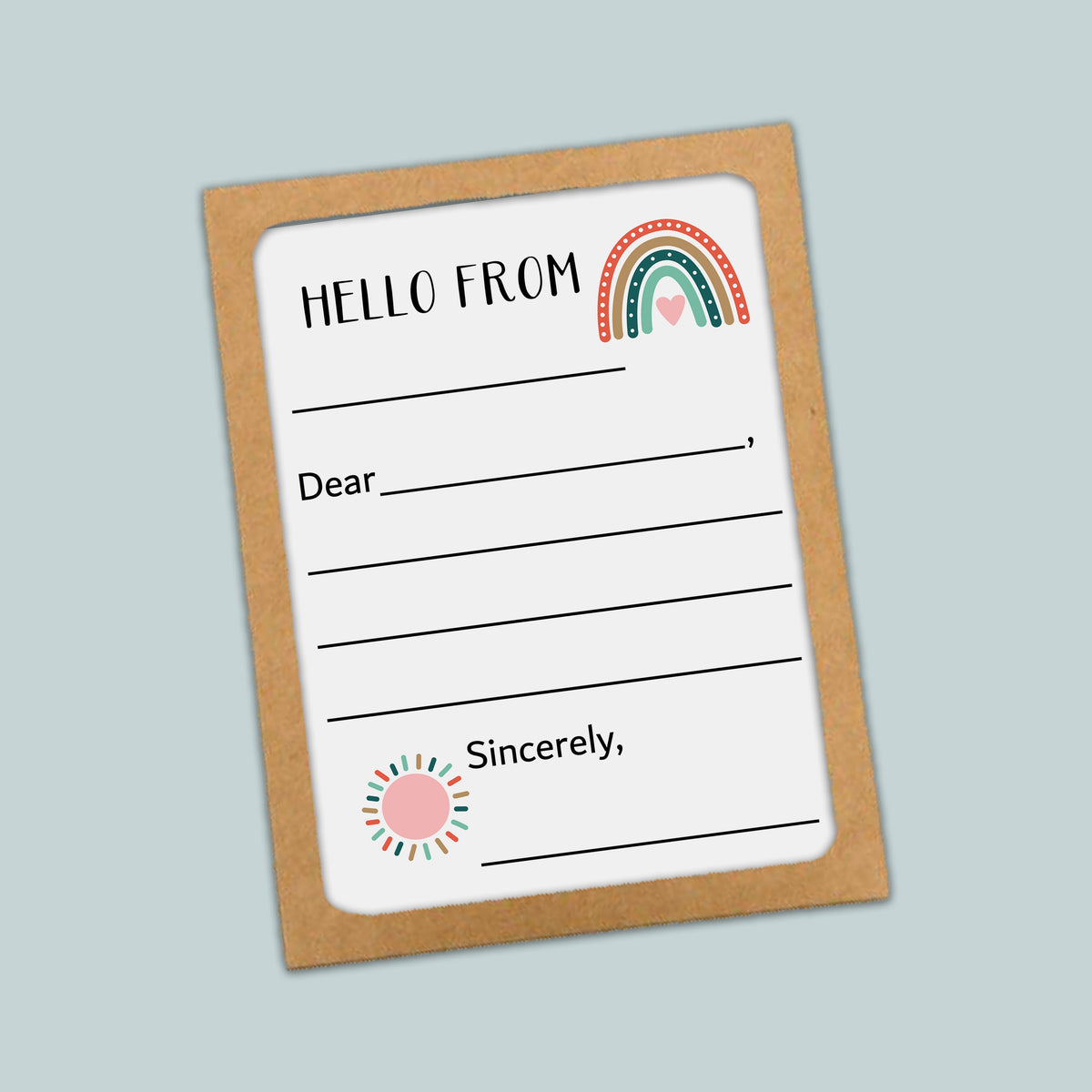 The image is a greeting card with a blank space for a message and a rainbow graphic.