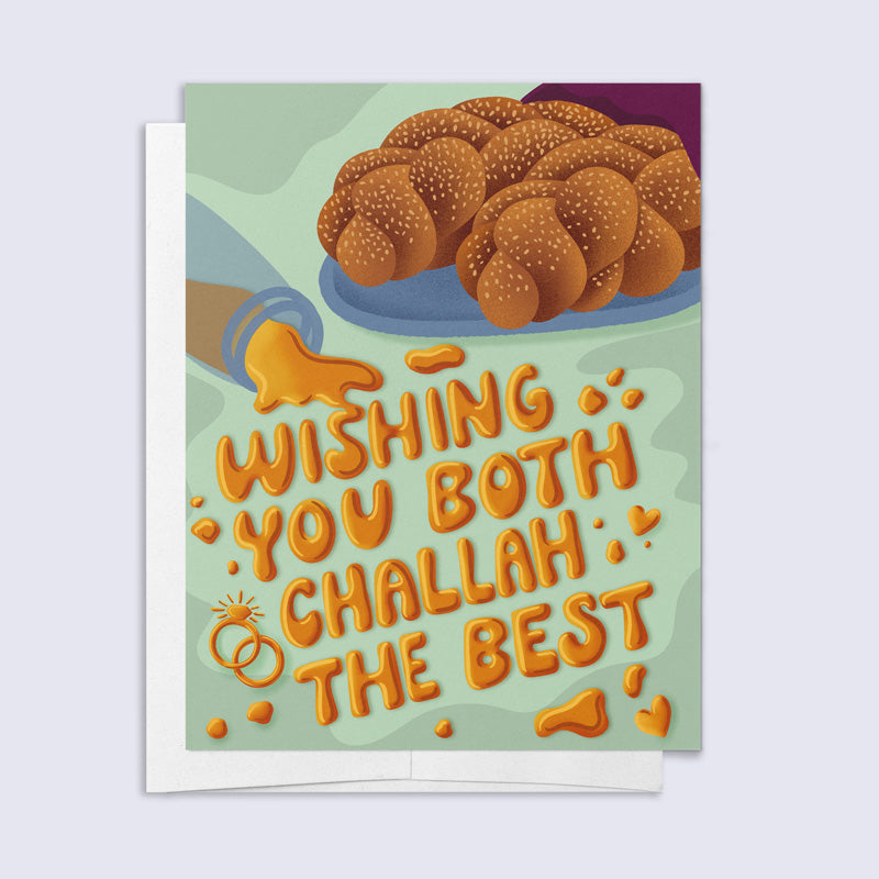Card with challah bread illustration and text that looks like it is made of dripping honey &