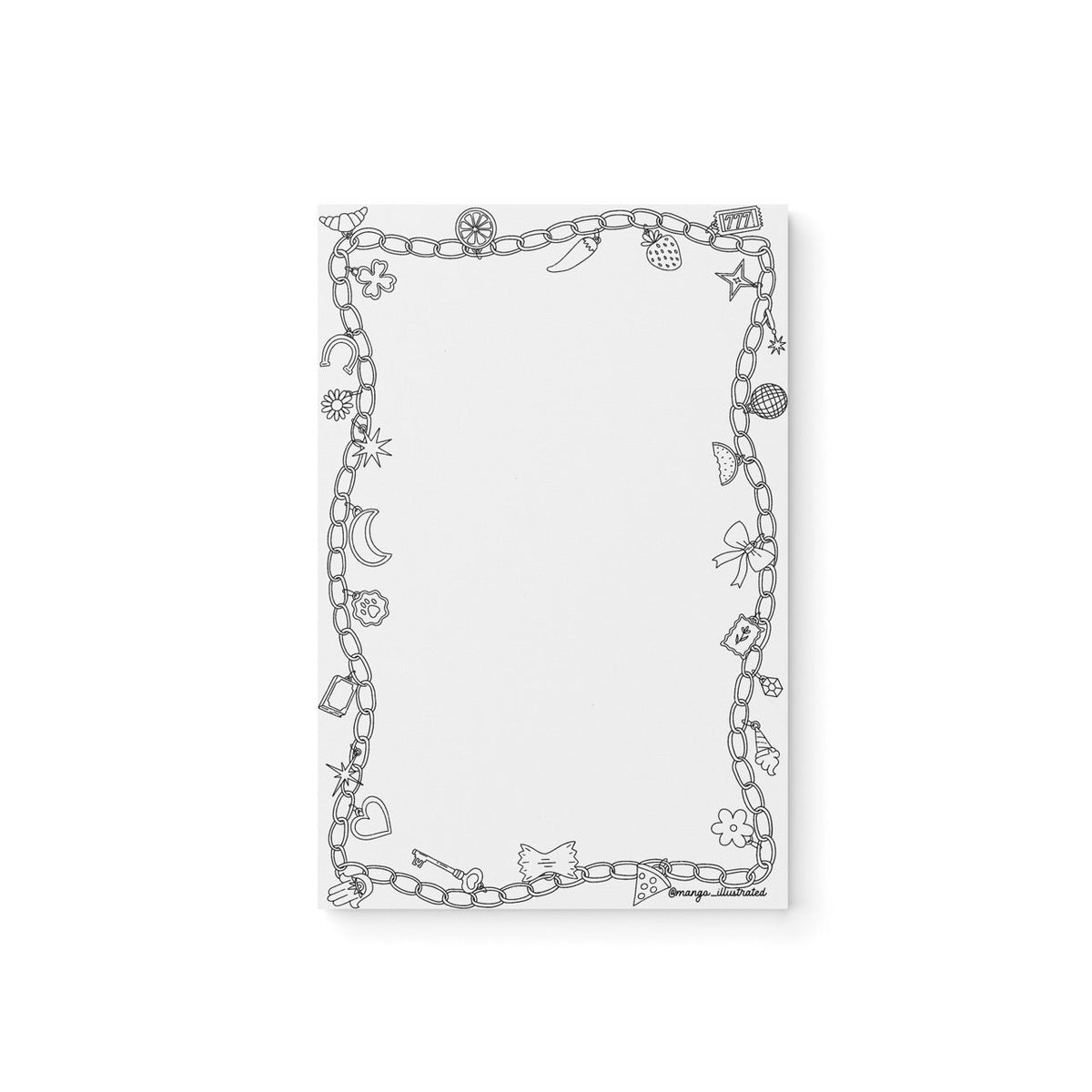 Charm doodles color-in notepad flat lay — charm bracelet coloring notepad and cute desk stationery by indie artist MangoIllustrated