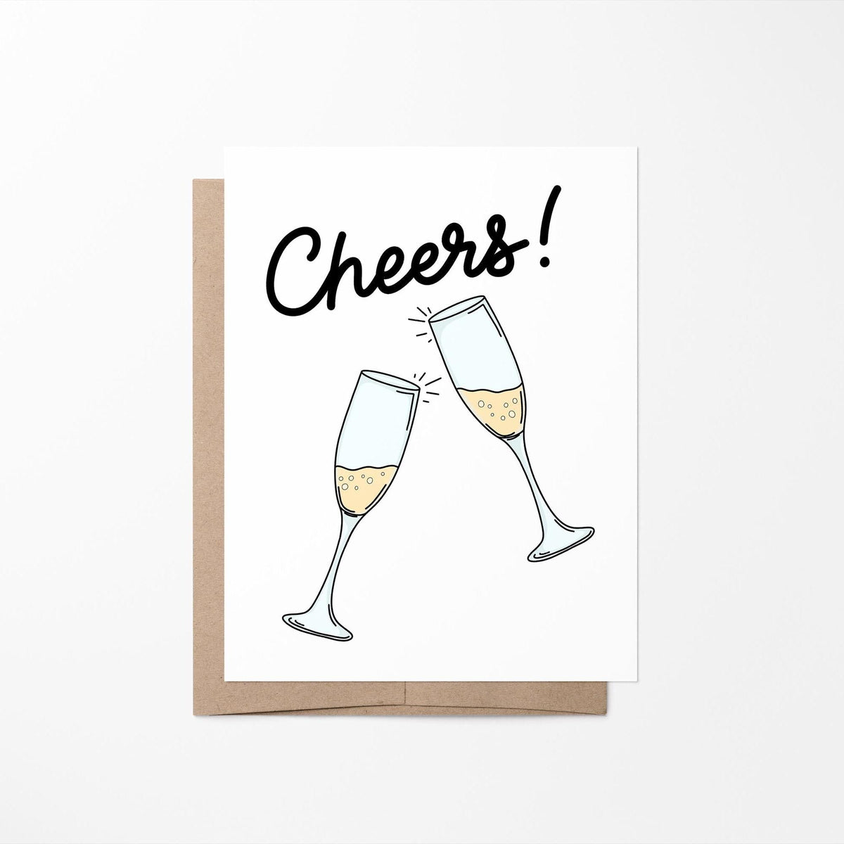 Cheers champagne card with A2 kraft envelope — celebration card blank inside by indie artist MangoIllustrated