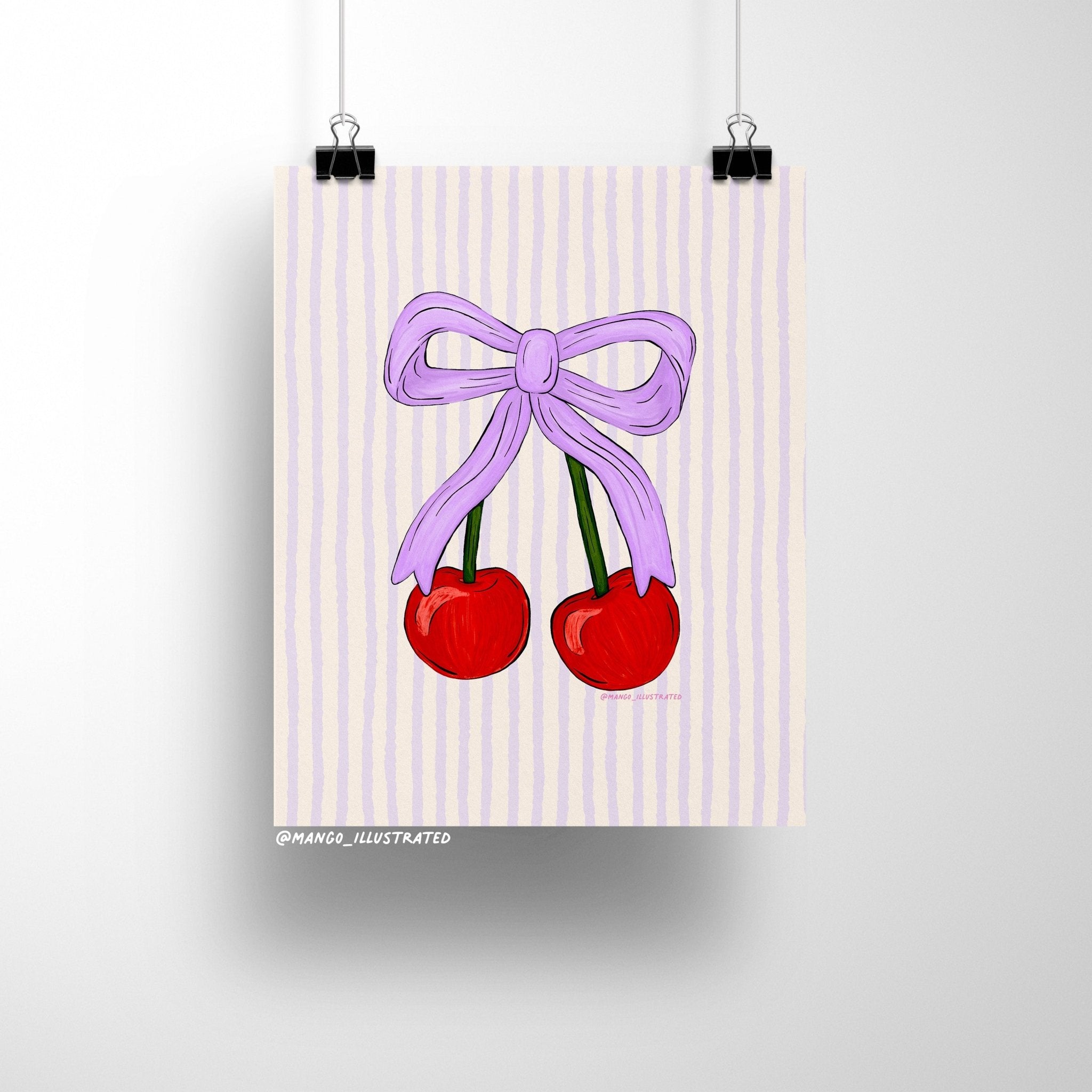 8x10 art print of two red cherries tied together with a lavender bow on a pastel vertical striped background