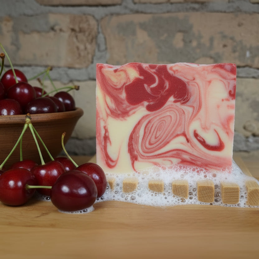Marbled red and white soap bar on a cardboard surface with a stone wall background