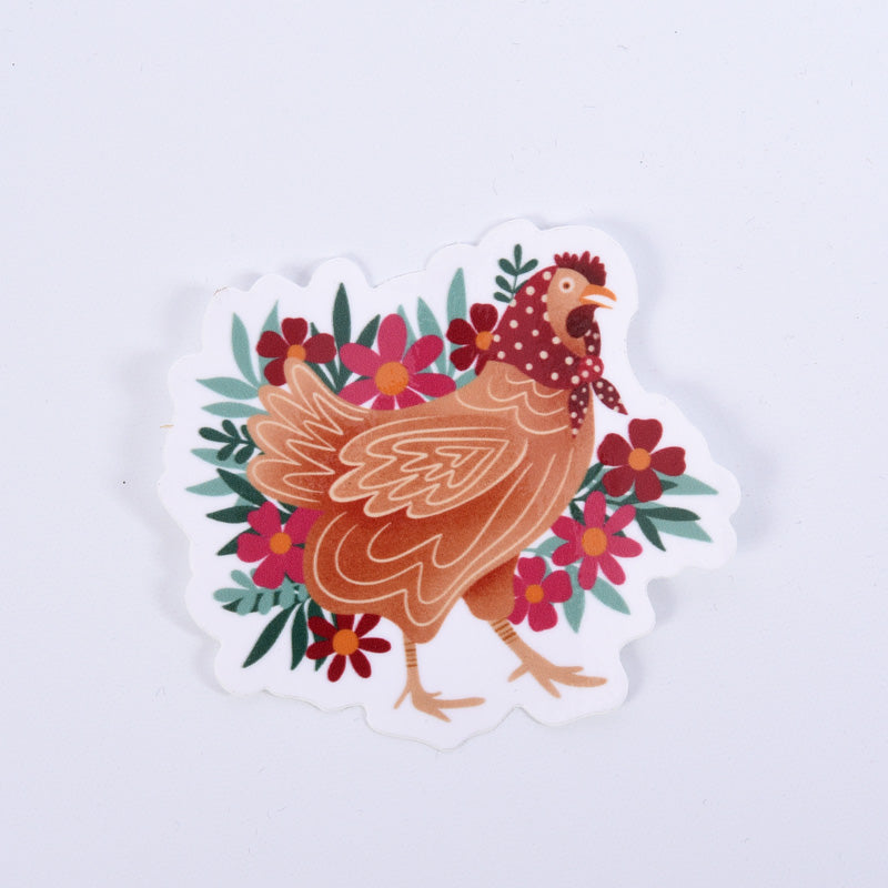 sticker of a chicken wearing a polka dot handkerchief in front of flowers