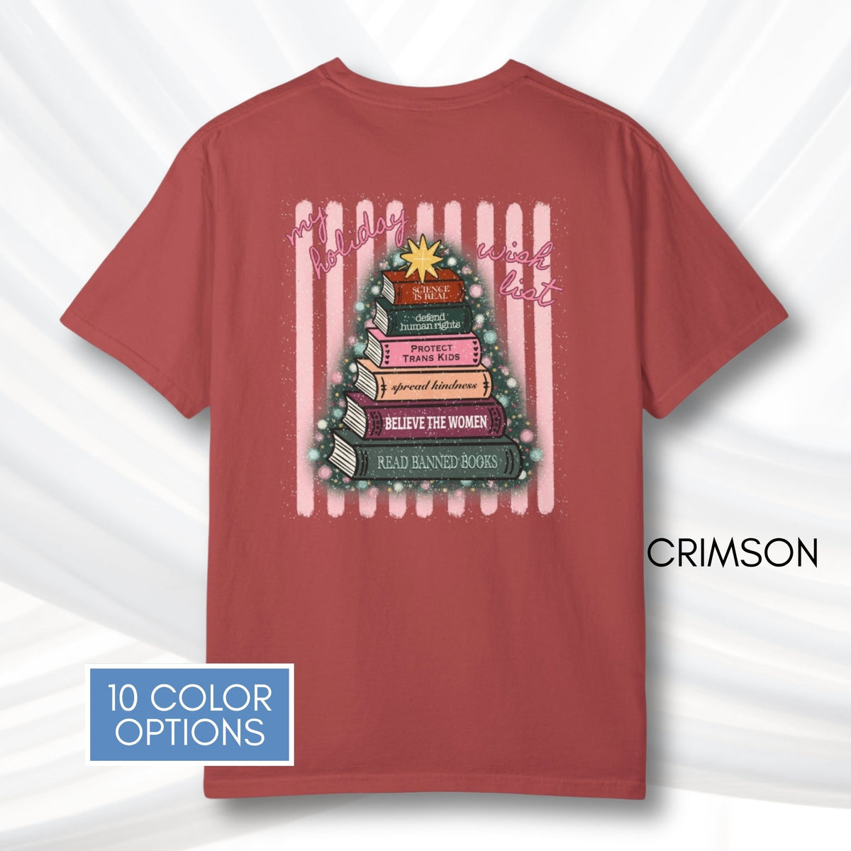 christmas-book-tree-unisex-tee-holiday-activism-tshirt-literary-activist-top-reader-gift-bibliophile-comfort-colors-crimson