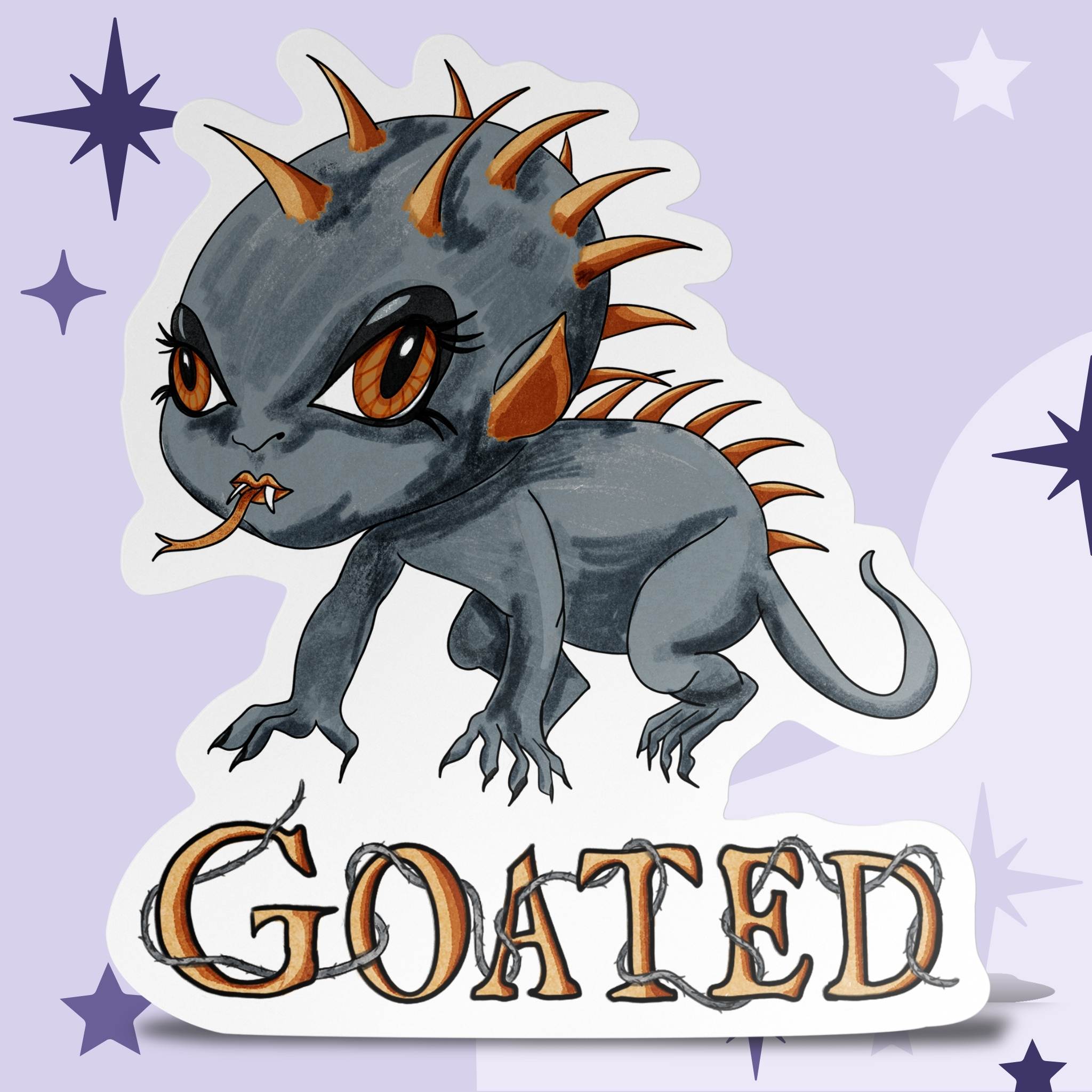 Chibi chupacabra sticker with amber eyes and rust-orange spikes above bramble-tangled GOATED lettering on a lavender starry background