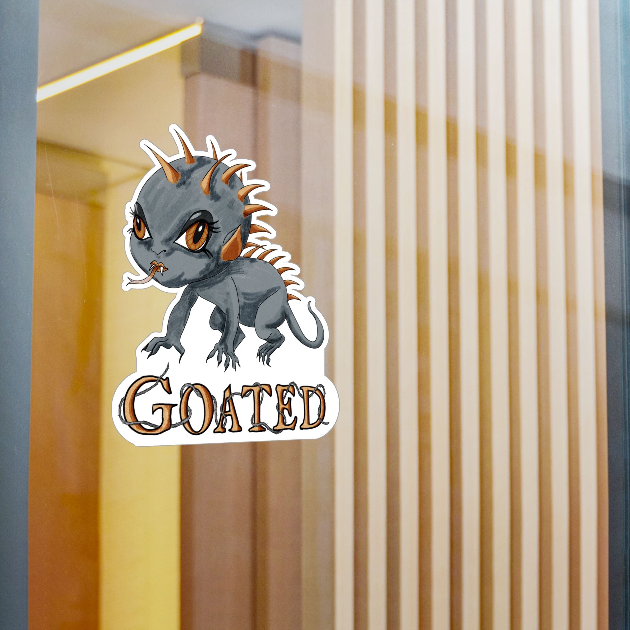 Large chupacabra cryptid sticker on a glass window in a modern interior