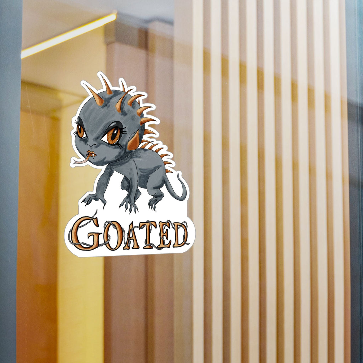 Large chupacabra cryptid sticker on a glass window in a modern interior