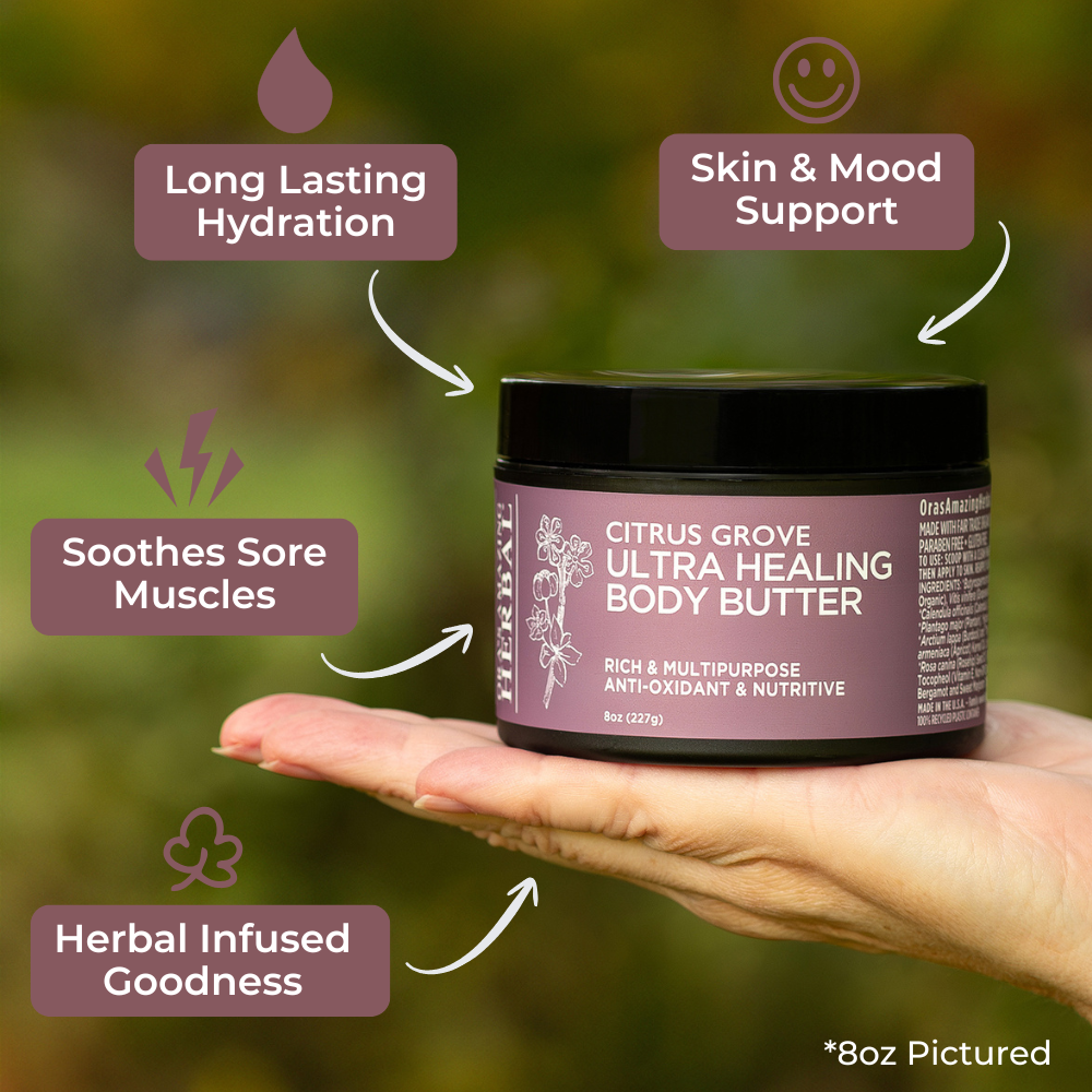 Citrus Grove Body Butter 8oz with Box Lifestyle Outdoor Benefits Infographic