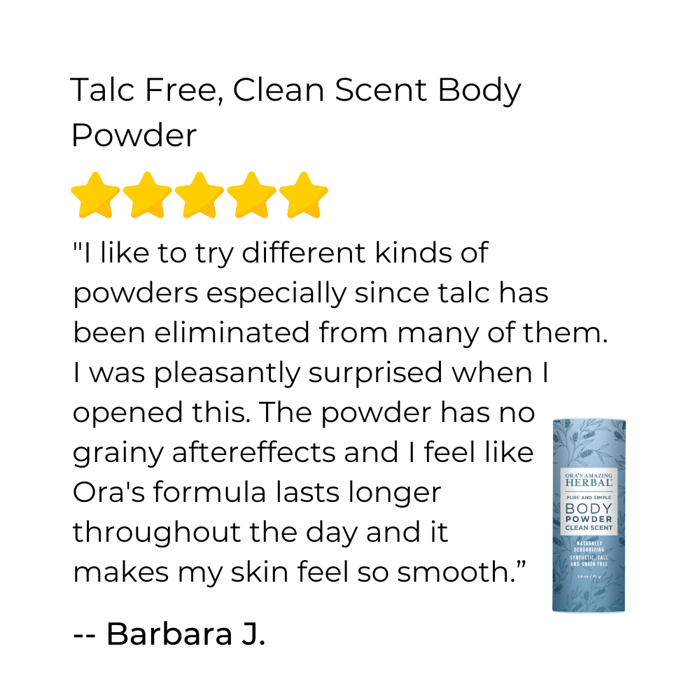 Product review for talc-free body powder with a star rating and customer comment.