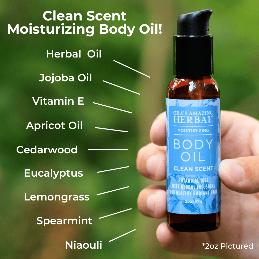 Clean Scent Body Oil 2oz Lifestyle Outdoor Ingredients Infograhic