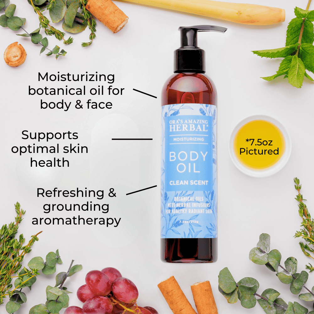 Clean Scent Body Oil 7.5oz Lifestyle Indoor Texture Benefits Infographic