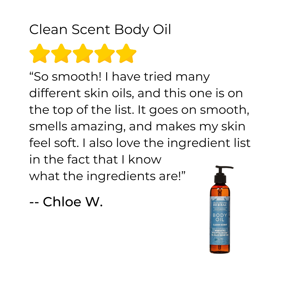 Bottle of Clean Scent Body Oil with a five-star rating and customer review on a white background