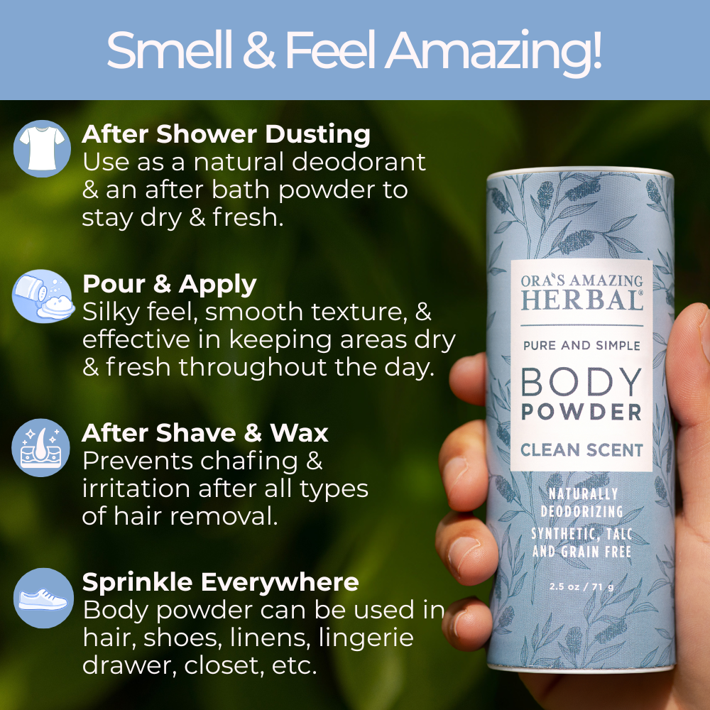 Clean scent body powder sized 2.5 oz with usage instructions and icons on a green leafy background.
