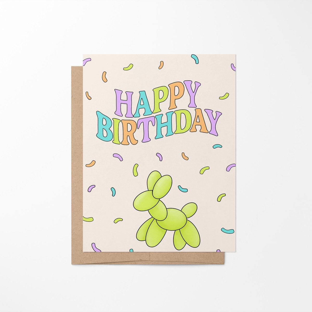 Confetti Happy Birthday card with A2 kraft envelope — neon birthday card and kraft envelope set, by indie artist MangoIllustrated