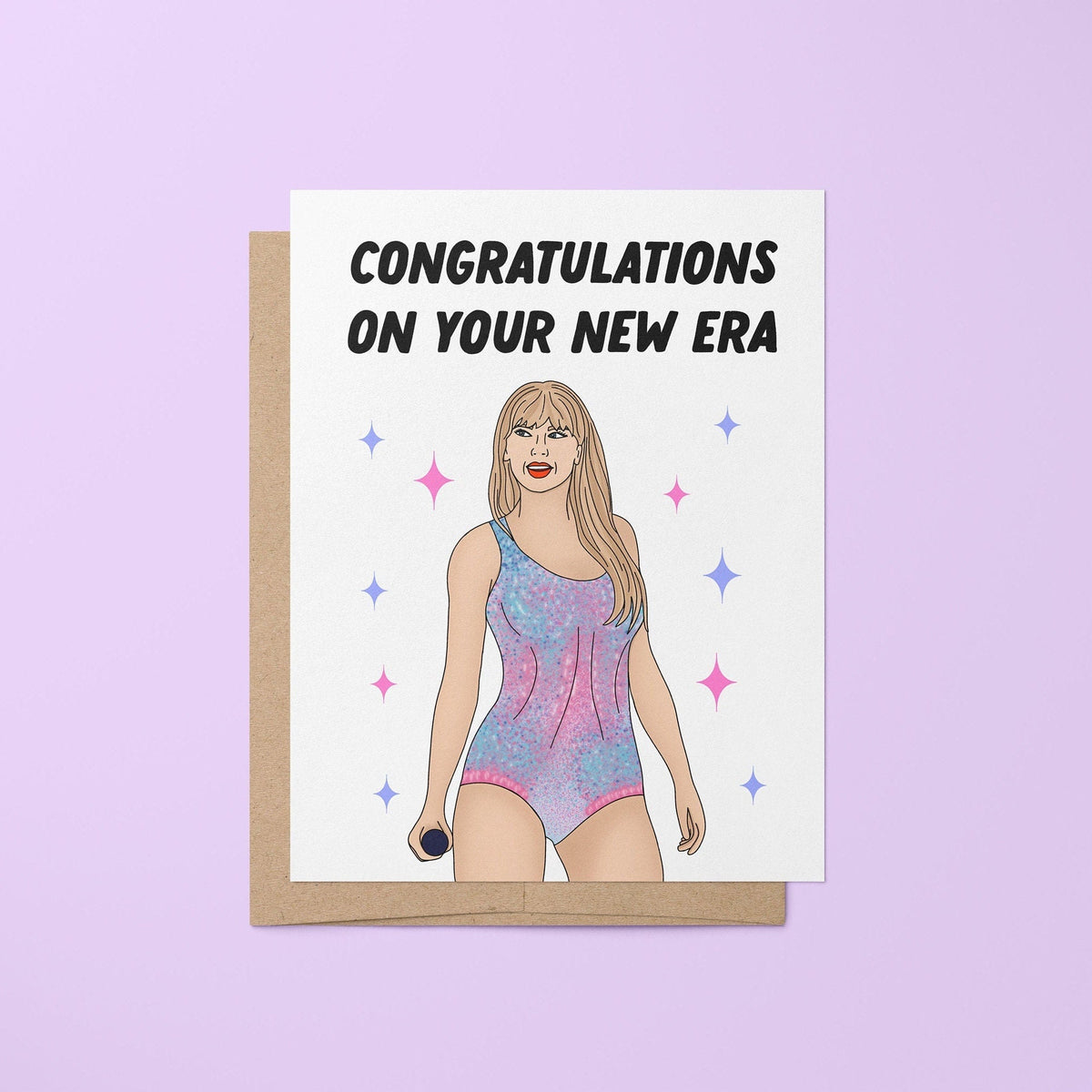 Congratulations on your new era greeting card — hand lettered greeting among stars beside an illustrated portrait, 4.25 x 5.5 in folded card, by MangoIllustrated