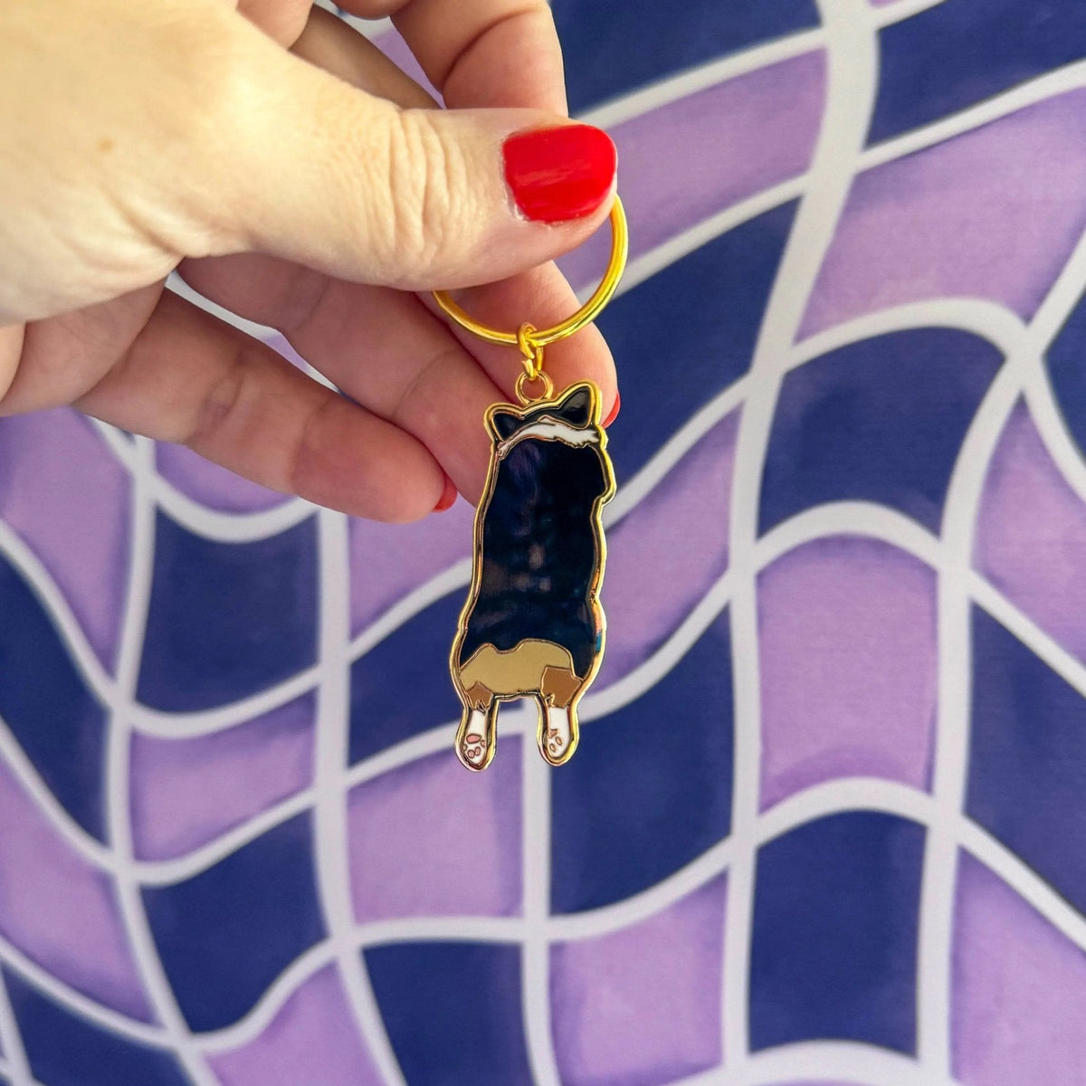 Corgi Sploot enamel keychain back detail — reverse side of the polished metal keyring by indie artist MangoIllustrated
