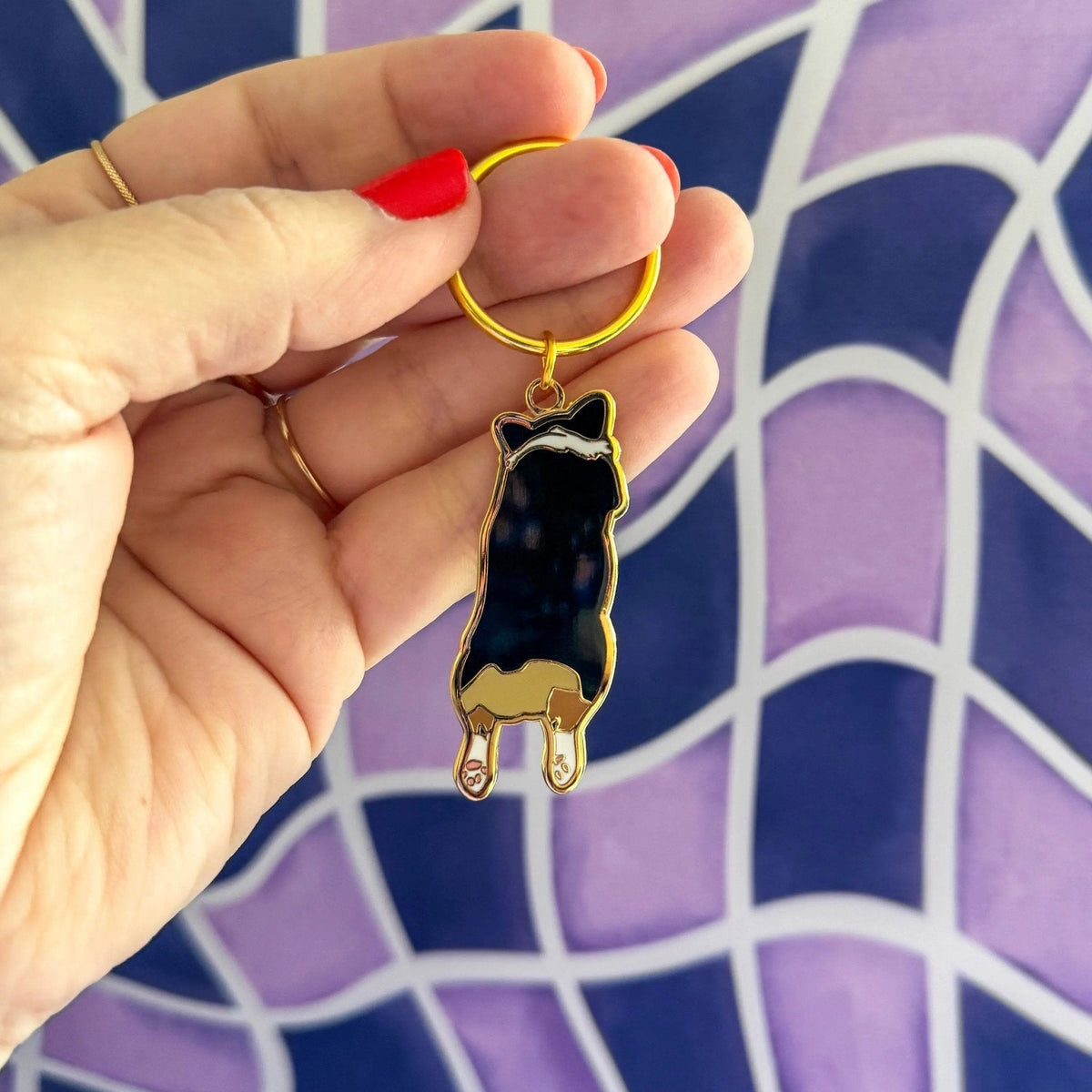 Corgi Sploot enamel keychain angled view — corgi lover gift keychain with split ring by indie artist MangoIllustrated